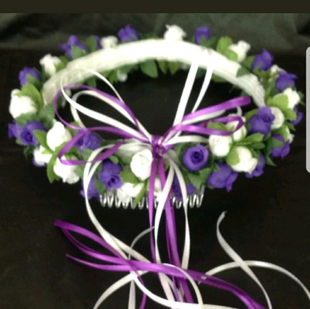 Child's headpiece with purple and white roses